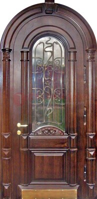 Арочная металлическая дверь массив со стеклом и ковкой ДА-50 в Балашихе