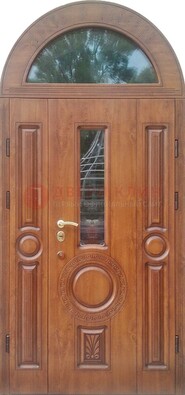 Двустворчатая железная дверь МДФ со стеклом в форме арки ДА-52 в Балашихе