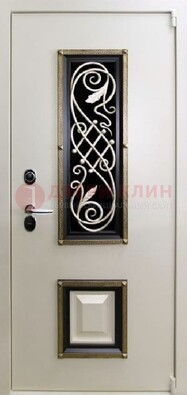 Белая стальная дверь с ковкой со стеклопакетом и МДФ ДК-30 в Балашихе