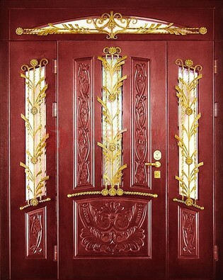 Бордовая железная парадная дверь со стеклом и ковкой ДПР-75 в Балашихе