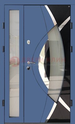 Синяя металлическая дверь со стеклом и узором ДС-13 в Балашихе