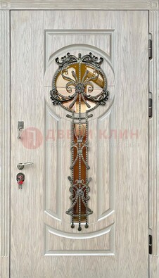 Светлая железная дверь со стеклом ковкой для коттеджа ДСК-134 в Балашихе