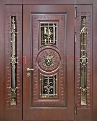 Коричневая стальная дверь со стеклом и ковкой ДСК-147 с фрамугами в Сланцы