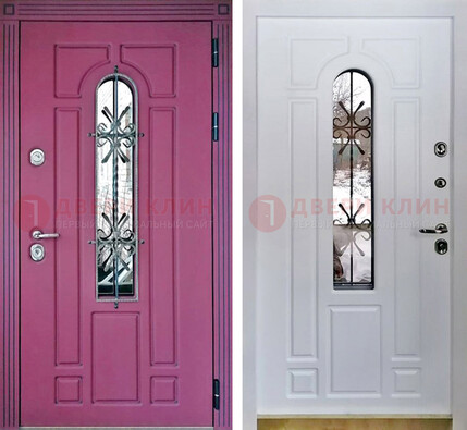 Розовая металлическая дверь со стеклом и ковкой ДСК-151 в Балашихе