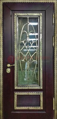 Темная уличная дверь порошок со стеклом и ковкой ДСК-167 в Балашихе