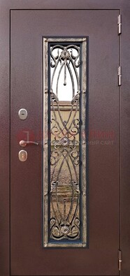 Коричневая стальная дверь порошок со стеклом и ковкой для дома ДСК-169 в Балашихе
