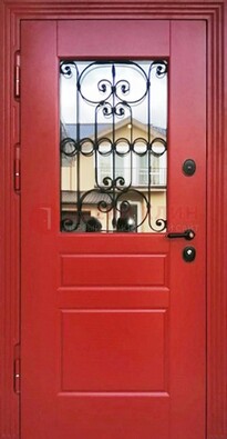 Красная железная дверь Винорит со стеклом и ковкой ДСК-205 в Балашихе