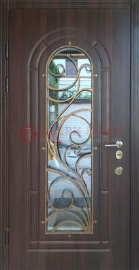 Железная дверь Винорит со стеклом и ковкой в темном цвете ДСК-216 в Балашихе
