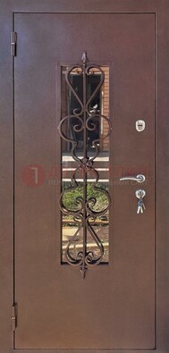 Коричневая железная дверь Порошок со стеклом и ковкой ДСК-219 в Балашихе