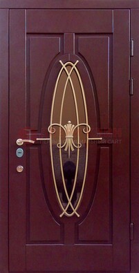 Бордовая стальная дверь Винорит со стеклом и ковкой ДСК-263 в Балашихе
