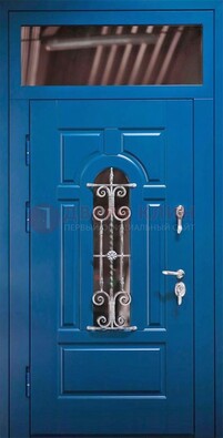 Синяя железная филенчатая дверь со стеклом и ковкой ДСК-97 в Балашихе