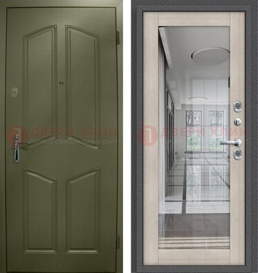 Зеленая стальная дверь с МДФ панелями и зеркалом ДЗ-137 в Балашихе
