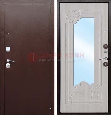 Коричневая металлическая дверь с зеркалом МДФ внутри ДЗ-33 в Балашихе