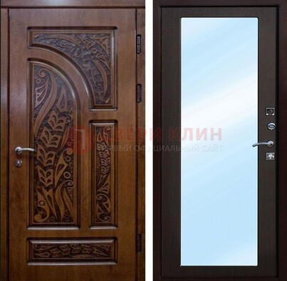 Коричневая входная дверь c узором и виноритом МДФ с зеркалом ДЗ-98 в Балашихе