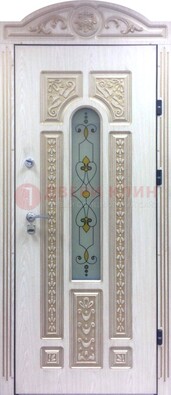 Белая железная дверь с МДФ и витражом ВЖ-26 в Балашихе