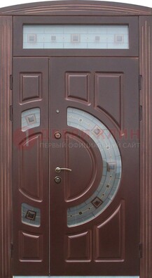 Коричневая двухстворчатая железная дверь с МДФ и витражом ВЖ-29 в Балашихе