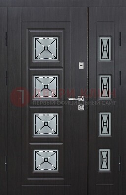 Чёрная двухстворчатая железная дверь с МДФ и витражом ВЖ-35 в Балашихе