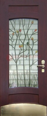 Бордовая стальная дверь с витражом и декоративным элементом ВЖ-3 в Балашихе